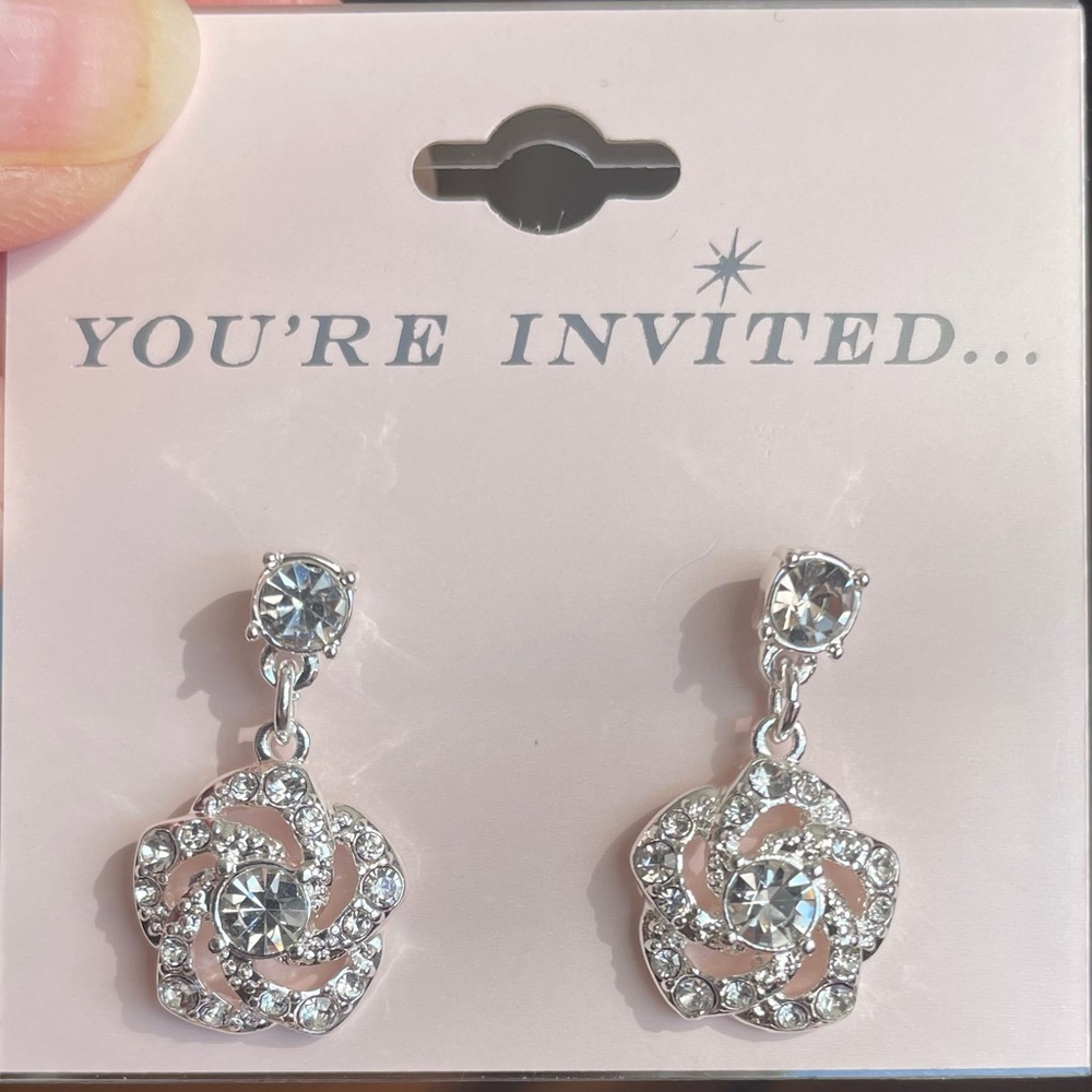 You’re Invited Silver Tone Flower Drop Earrings NWT